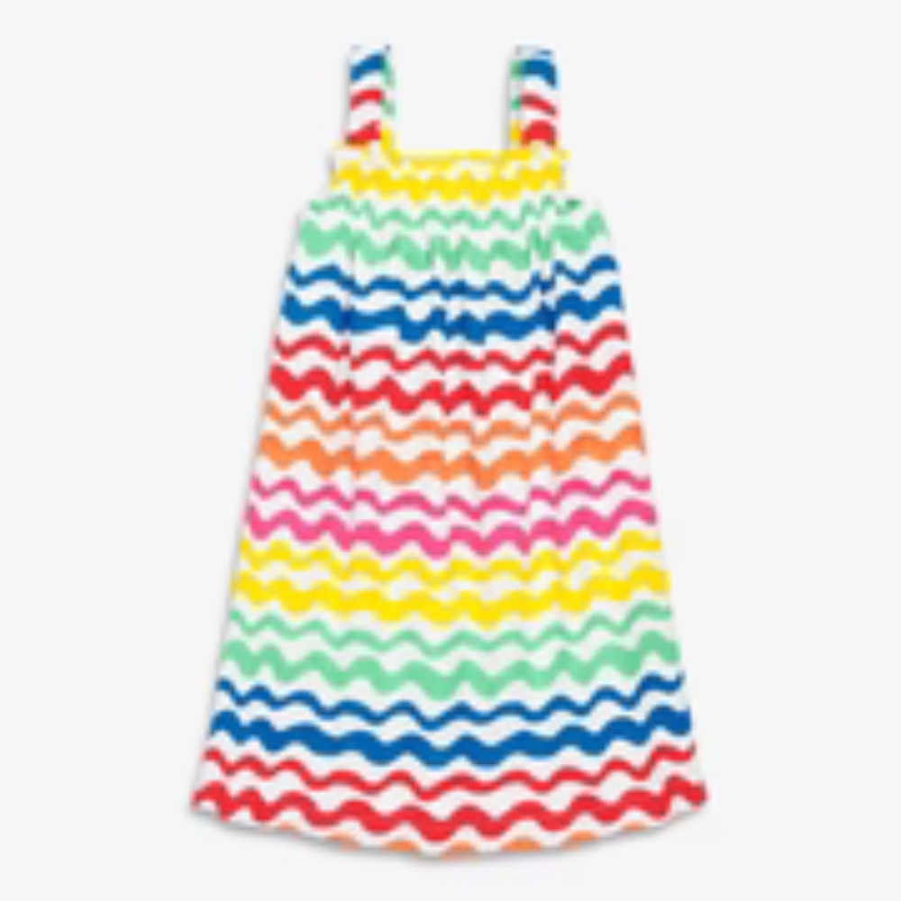 Primary kids tank dress in rainbow watercolor waves, size 8-9